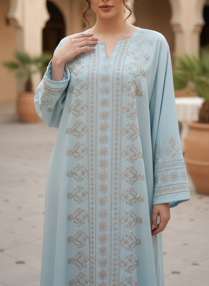 Elegant Light Blue Embroidered Jalabiya - Yasmin