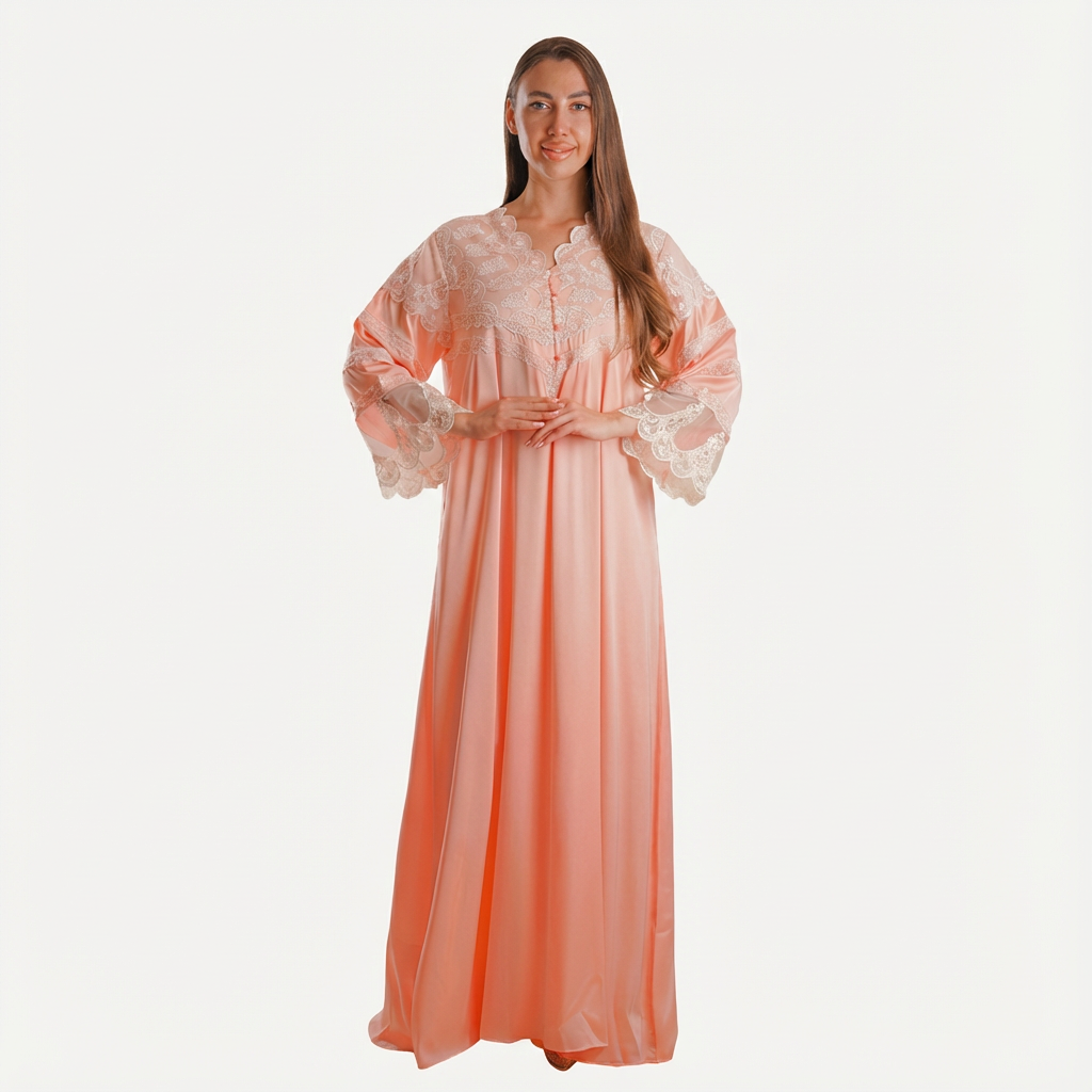 Silk Long Sleeves Embroidered Nightwear - Liana