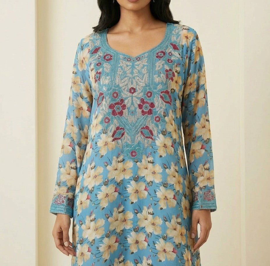 Vibrant Blue Floral Printed Mukhawar Teal Neck Embroidery - Yara