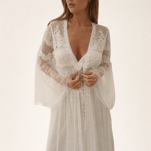 Chiffon Lace Nightgown with Robe Set - Bletilla